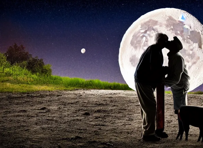 Image similar to photo pig kissing dirty homeless old man, moon, night sky,
