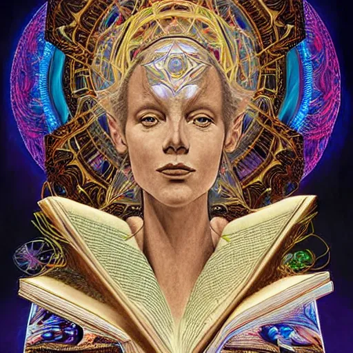 Image similar to 3 d goddess minerva, medium shot portrait. beautiful hyperrealistic intricate highly detailed and richly embroidered with esoteric symbols gown, surrounded by stacks of books bioluminescent, curious, plasma,, artwork by alex grey and salvador dali