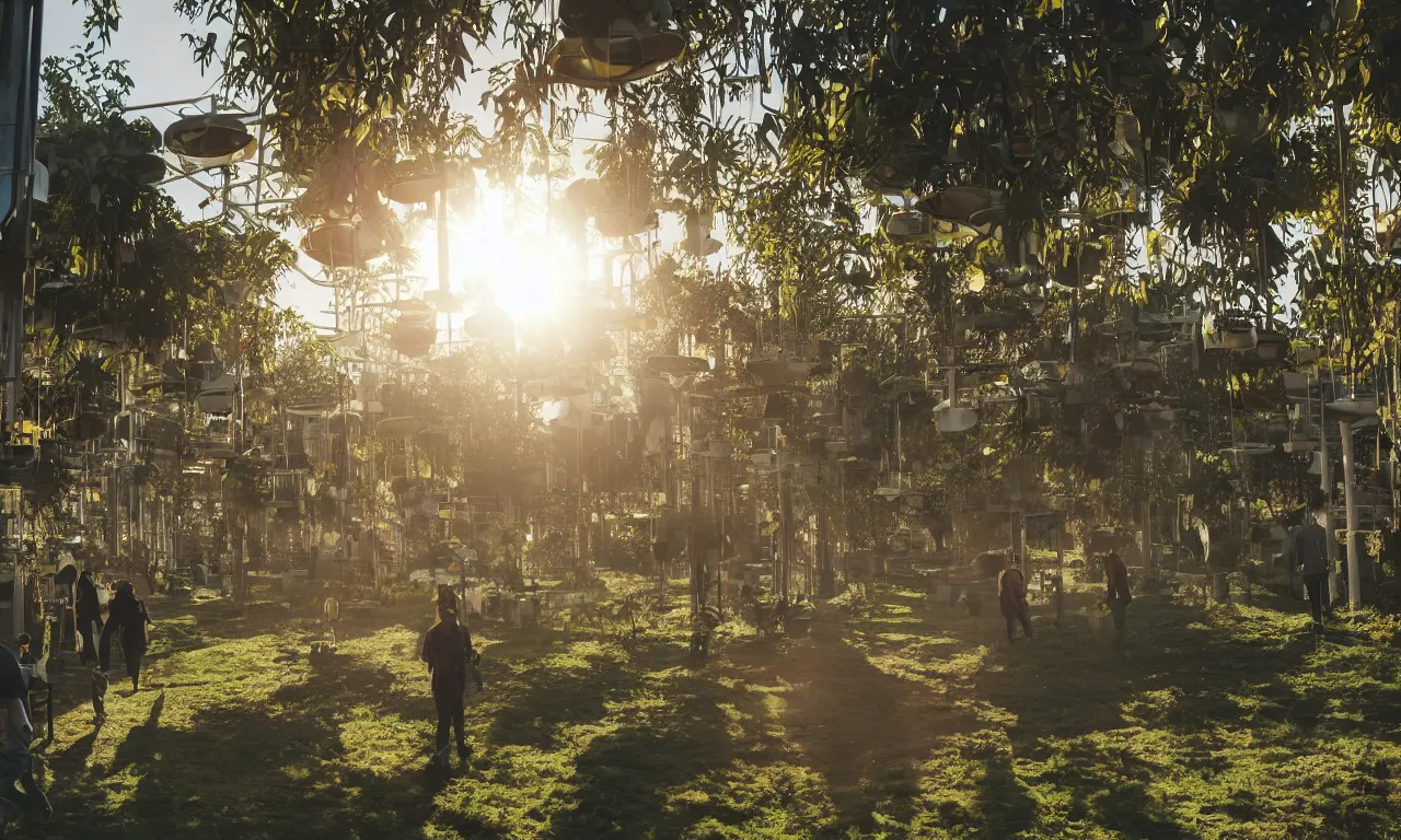 Prompt: candid photo of sunrise atmospherics in a futuristic solarpunk utopia, hanging solar gardens with animals and humans walking in peace, brilliant daylight, leica 8 k still from an a 2 4 film