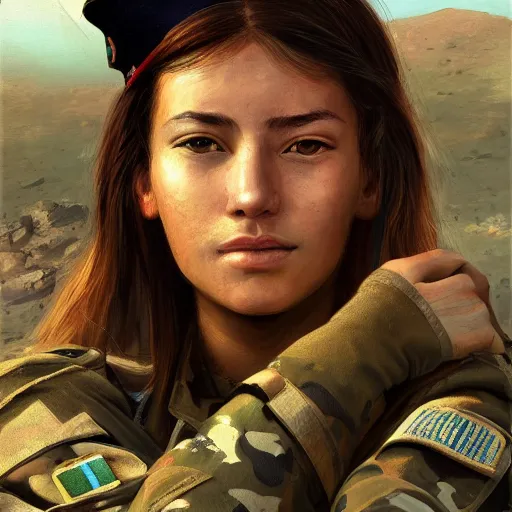 Prompt: centered detailed portrait of a sensitive female soldier in a warzone, by John James Audubon, anime art wallpaper, 4k, beautiful eyes trending on artstation, in frame, in focus