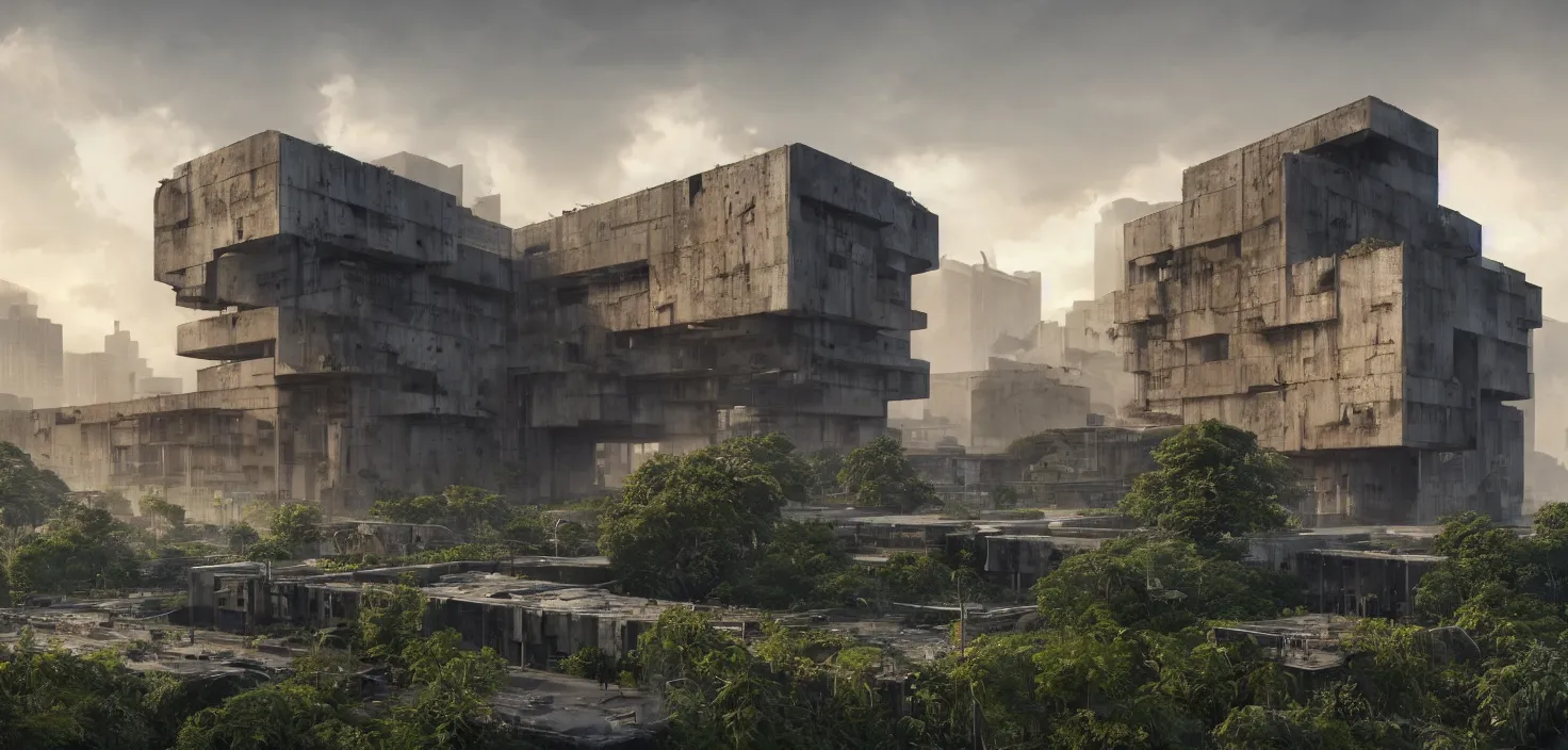 Image similar to brutalist architecture, surrounded by lush green vegetation, stunning volumetric lighting, sunset, rusted metal, concrete, stunning skies, 8k, photorealistic, hyper detailed, unreal engine 5, IMAX quality, cinematic, epic lighting, digital painting in the style of DOOM, by Greg Rutkowski, trending on Artstation