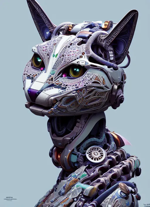 Image similar to symmetry!! portrait of a hybrid robot cat, floral! horizon zero dawn machine, intricate, elegant, highly detailed, ray tracing, digital painting, artstation, concept art, smooth, sharp focus, illustration, art by artgerm and greg rutkowski and alphonse mucha, 8 k