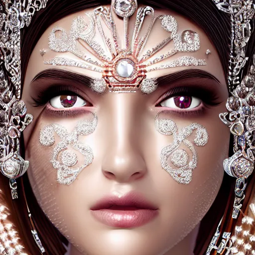 Image similar to portrait of wonderful princess of diamond with fair skin, ornate with diamonds, 8 k, gorgeous, intricate, detailed, glowing white accent lighting, dramatic lighting, octane render