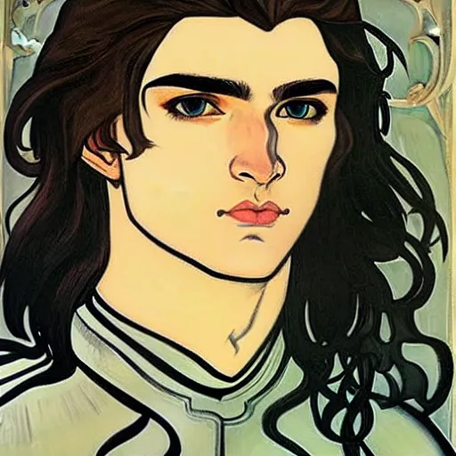 Image similar to painting of handsome beautiful paladin elf! man with long wavy dark hair in his 2 0 s named shadow taehyung at the blueberry party, wearing armor!, elegant, clear, painting, stylized, delicate, soft facial features, art, art by alphonse mucha, vincent van gogh, egon schiele,