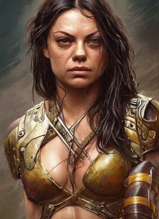 Image similar to exhausted Mila Kunis as a very muscled rugged looking Amazon, dirty, sweating, intricate, elegant, highly detailed, artstation, concept art, sharp focus, art by artgerm and donato giancola and Joseph Christian Leyendecker, WLOP