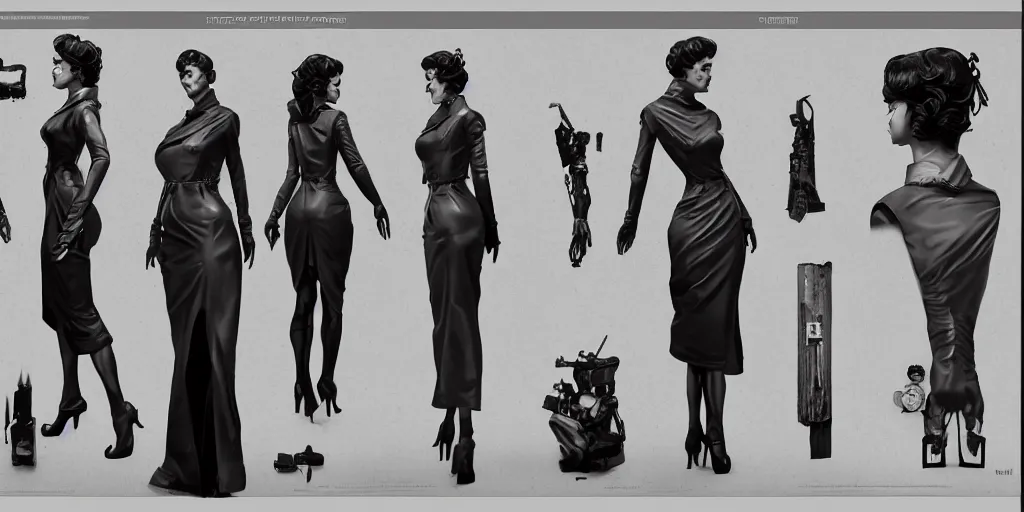 Image similar to film noir woman, character sheet, concept design, contrast, hot toys, kim jung gi, greg rutkowski, zabrocki, karlkka, jayison devadas, trending on artstation, 8 k, ultra wide angle, pincushion lens effect