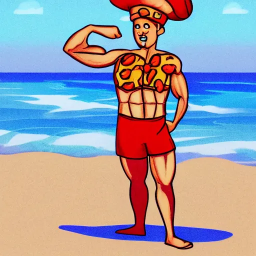 Image similar to muscular pizza man, beach background