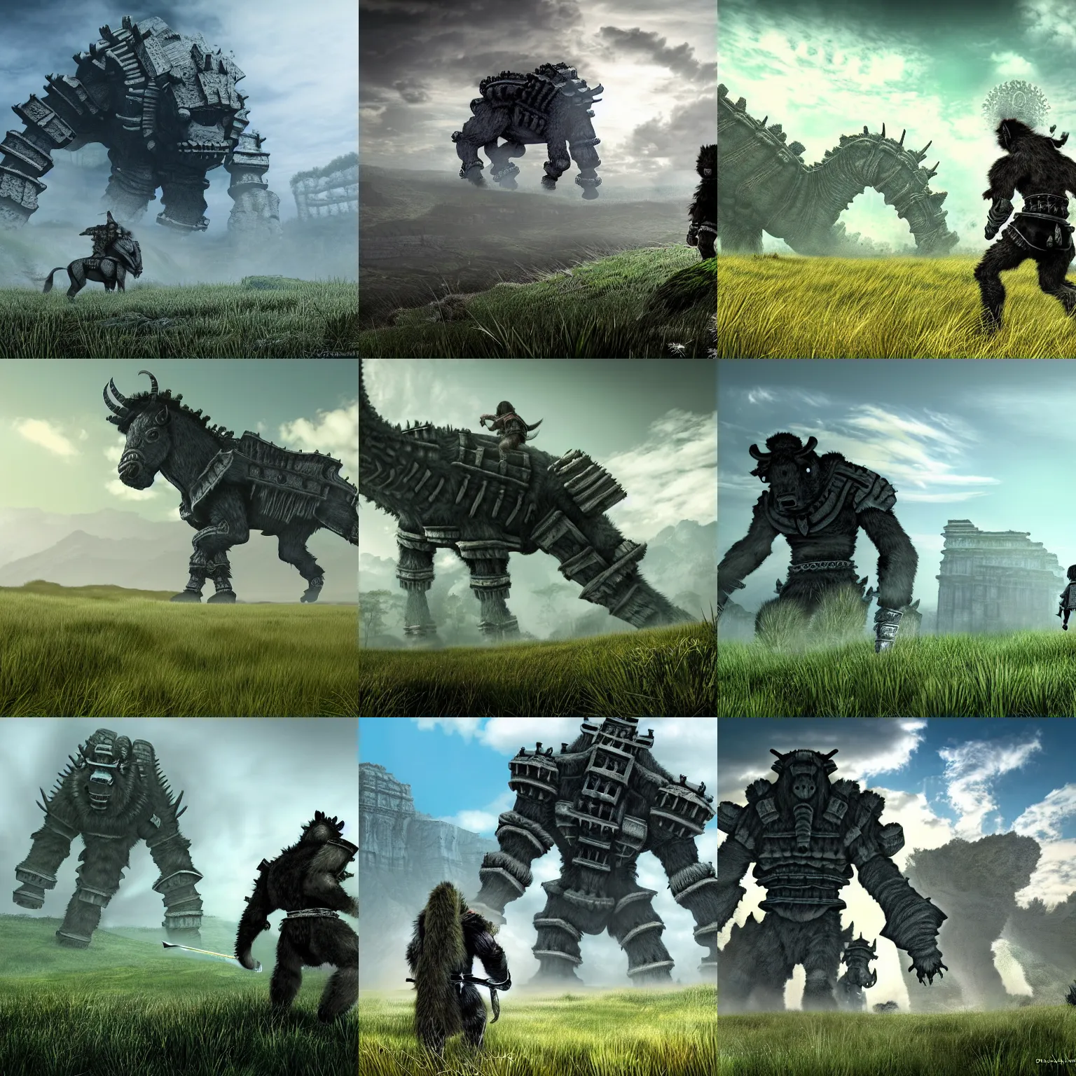 KREA - incredible screenshot of shadow of the colossus on PS5, dynamic  camera angle, deep 3 point perspective, fish eye, dynamic extreme  foreshortening of wander climbing a Colossus, by phil hale, ashley