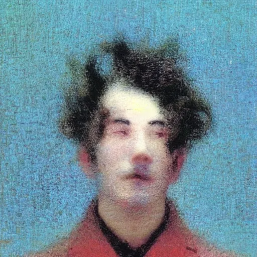 Prompt: hideous, evocative by hiroshi yoshida, by giuseppe de nittis anaglyph effect. a beautiful assemblage of a self - portrait of the artist. he is shown with his head turned to the left, looking at the viewer. his hair is wild & his eyes are wide open. his right hand is raised, as if he is pointing at something.