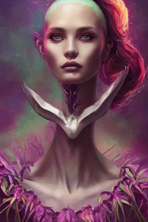 Image similar to digital portrait of an eloquent alien plant queen, straight on, full body character concept art, concept art, by artgerm, tom bagshaw, gerald brom, vaporwave colors, lo fi colors, vaporwave, lo fi, 4 k, hd, rendered with substance designer, small details,