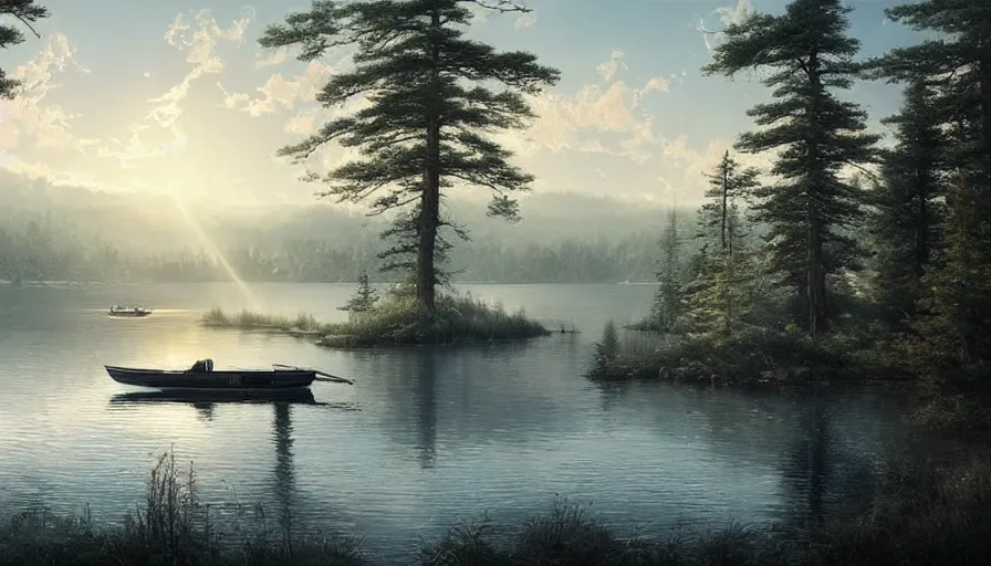 Image similar to portrait of a large lake with a boat near a pine forest, highly detailed, sunny, blue sky, cinematic lighting, highly angle, godrays, volumetric, photorealistic, digital art painting by greg rutkowski