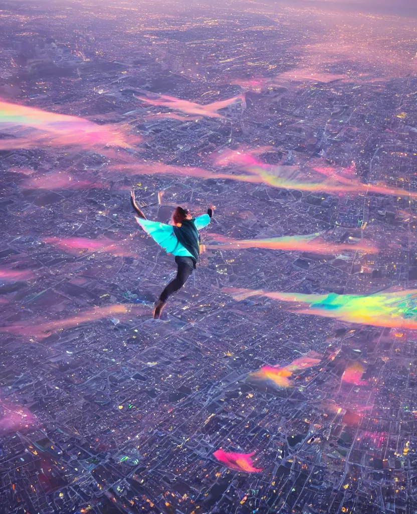 Image similar to a student flying upwards through iridescent clouds at dusk in a lit up city