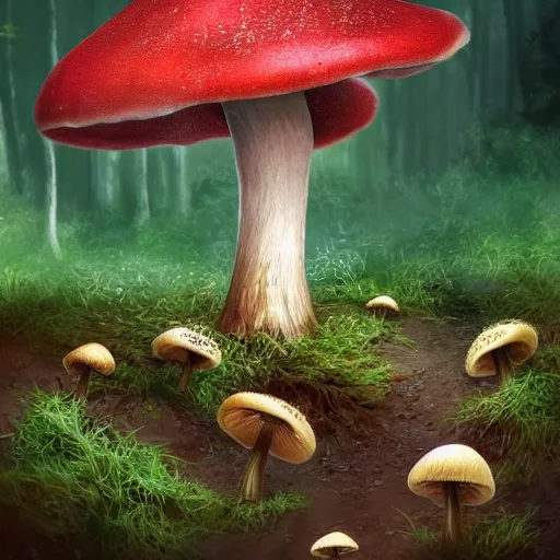 Prompt: A beautiful a picture of a single mushroom that grows on the ground with a forest with pines and birches, and a growing mycelium of the fungus is visible underground, Digital Art, Trending on artstation