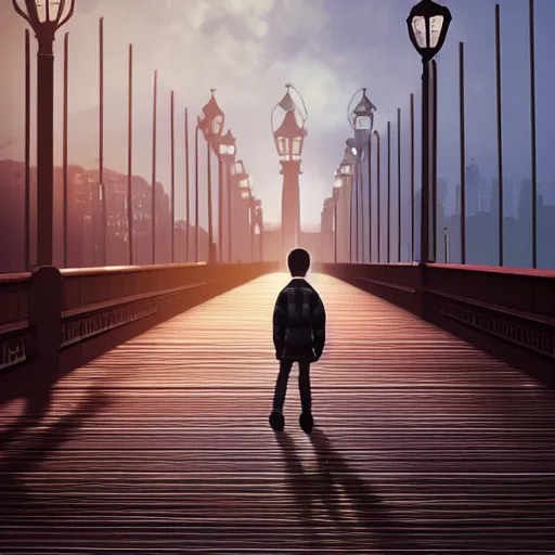 Image similar to a lonely boy on a city bridge looking to the river at night, digital painting, masterpiece, digital art, hyperrealistic, concept art, octane render, unreal engine 5, trending on deviantart, sad atmosphere, centered, anatomically correct, oil painting, high contrast, serene scenery, loneliness