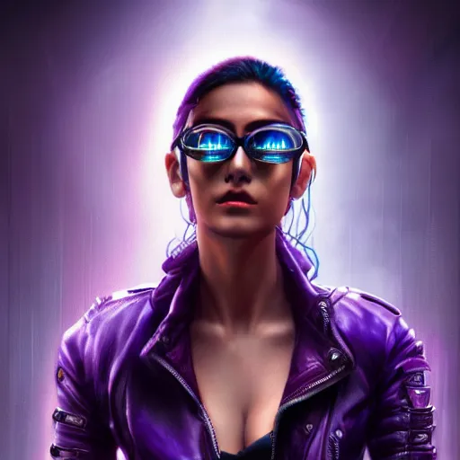 Image similar to very detailed masterpiece closeup painting of a very beautiful young mexican cyberpunk woman with blue shutter shades, one side haircut, dark purple hair, purple leather jacket, cyberpunk background, purple lighting, raining, portrait, artstation, concept art by greg rutkowski