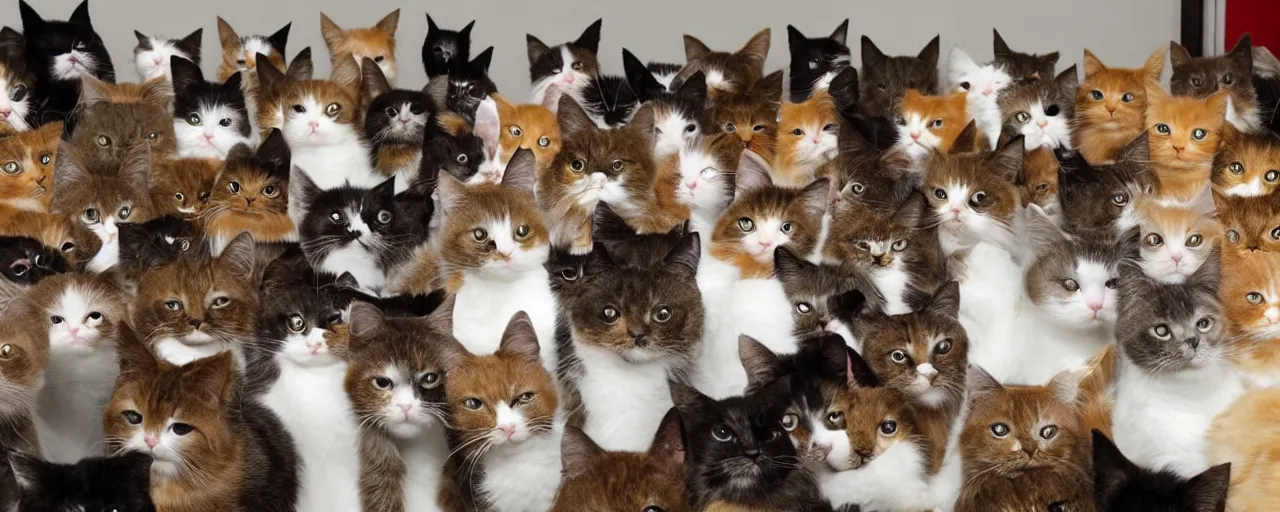 Prompt: a room full of cats and each cat is a different breed