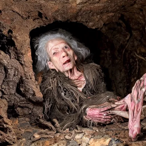 Image similar to an ultra realistic 8 k hdr photo of an elderly jagged raggedy witch woman crippled up and hunched over in a cave over a corpse with blood and meat and bones and mold and spider webs in the year 1 4 0 0