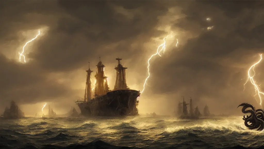 Prompt: small boat in foreground, giant big kraken in the background, lightning in background, intricate, detailed, volumetric lighting, sharp focus, scenery, photorealism, digital painting, highly detailed, concept art, ruan jia, steve mccurry