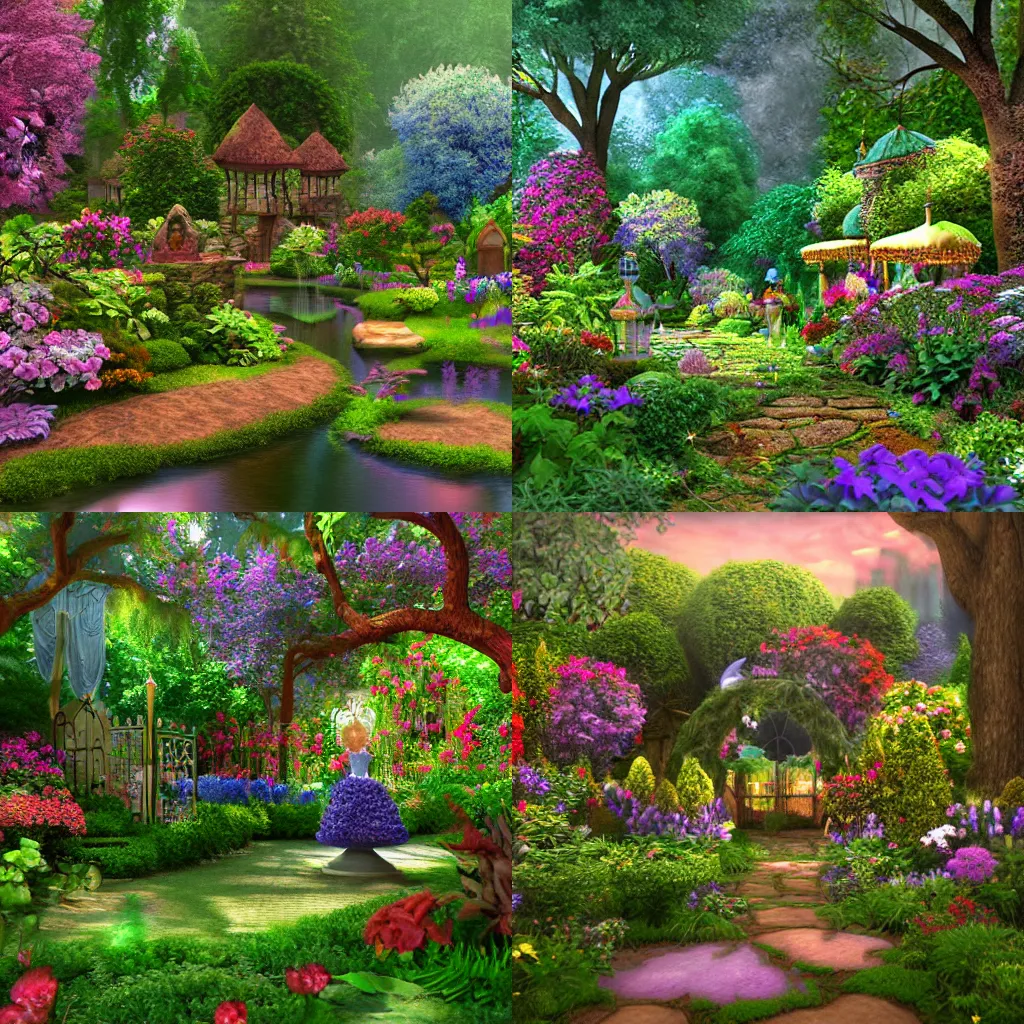 Prompt: Enchanted magical garden in the style of Thomas Kinkade, 3D render