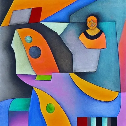 Image similar to woman travels the ancient roads that are rivers of this land, abstract art in the style of cubism and georgia o keefe,