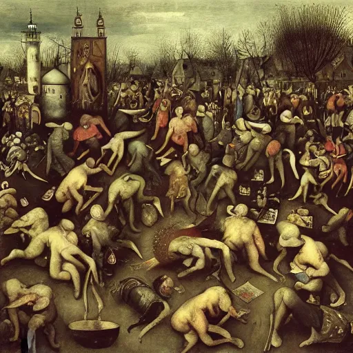 Image similar to a crowd of plague doctors in the style of pieter bruegel the elder, jan saudek, joel peter witkin, gustave dore, heironymus bosch