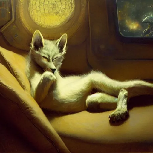 Image similar to a portrait of a furry alien sleeping on the couch. highly detailed painting by gaston bussiere, craig mullins, j. c. leyendecker, furry