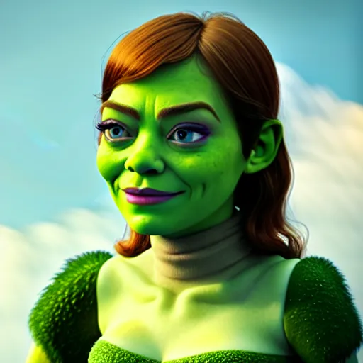 Image similar to Emma Stone as a female version of Shrek, she has shrek nose, ears features, with green skin, fully detailed, high quality , 4k , octane render , soft lightening , masterpiece