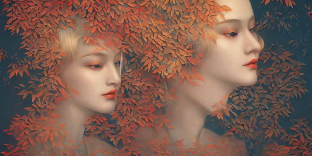 Prompt: breathtaking detailed concept art painting art deco pattern of blonde goddesses faces blend autumn leaves, by hsiao - ron cheng, bizarre compositions, exquisite detail, extremely moody lighting, 8 k