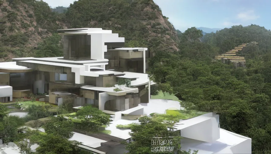 Image similar to residential villa inspired by tibetan architecture, on city, overlooking a valley with trees, frank lloyd wright, zaha hadid, le corbeusier, photorealistic, birds eye view