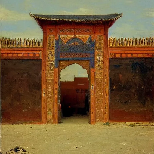 Prompt: gate of Kano in the Sokoto Caliphate Nigeria, 1885, highly detailed, oil on canvas, by Ilya Repin