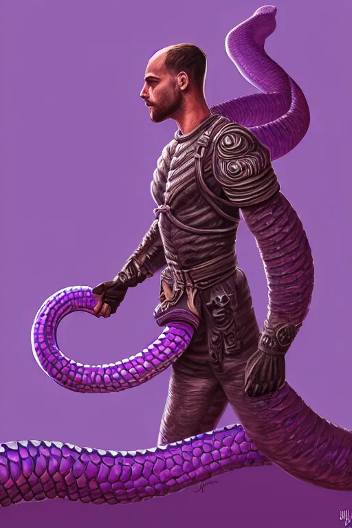 Prompt: male fighter in front of a giant purple worm, fantasy, intricate, elegant, highly detailed, digital painting, artstation, concept art, smooth, sharp focus, illustration, art by Jovan Delic