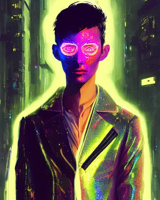 Image similar to detailed portrait of European Professional Fashion Operator Guy Sheen Holographic Jacket coat, Futuristic sci-fi fashion, royal attire Akira, Evangelion, cyberpunk, neotokyo, synthwave, aesthetics, futuristic, bladerunner movie scene by ismail inceoglu dragan bibin hans thoma greg rutkowski Alexandros Pyromallis Nekro Rene Margitte illustrated Perfect face, fine details, realistic shaded, fine-face, pretty face sharp chine