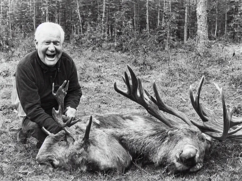 Prompt: happy finnish grandpa gutting a freshly killed moose and smiling to the camera, 1 9 6 6, home album pocket camera photo, detailed facial features, hyper realistic