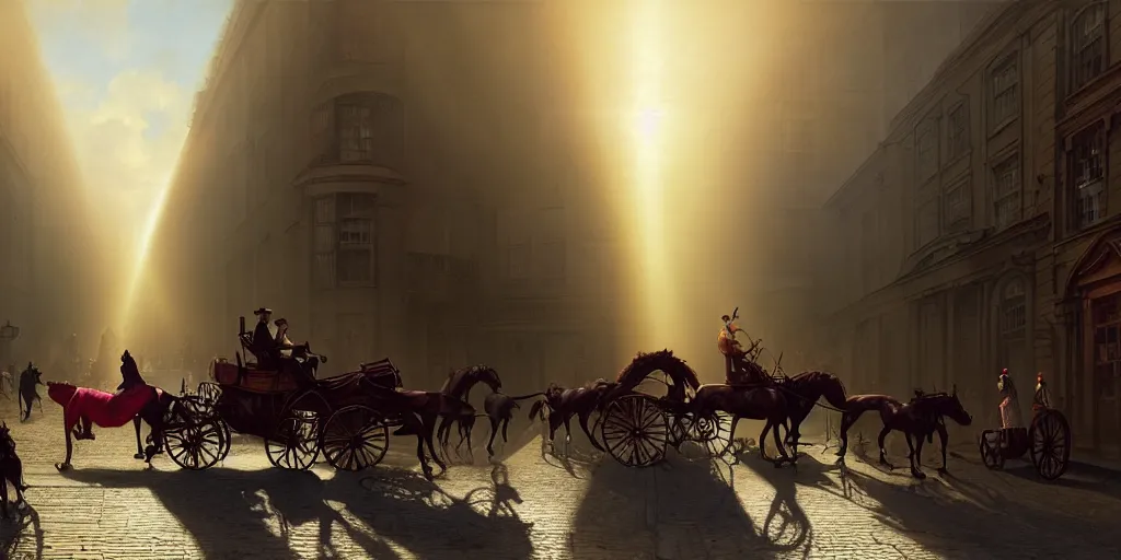 Prompt: nineteenth century london, streets, god rays, carriages with horses, classy people walking, vivid colors, digital art, landscape, fantasy art, octane render, ureal engine, high detail, very realistic, by greg rutkowski. by james gurney