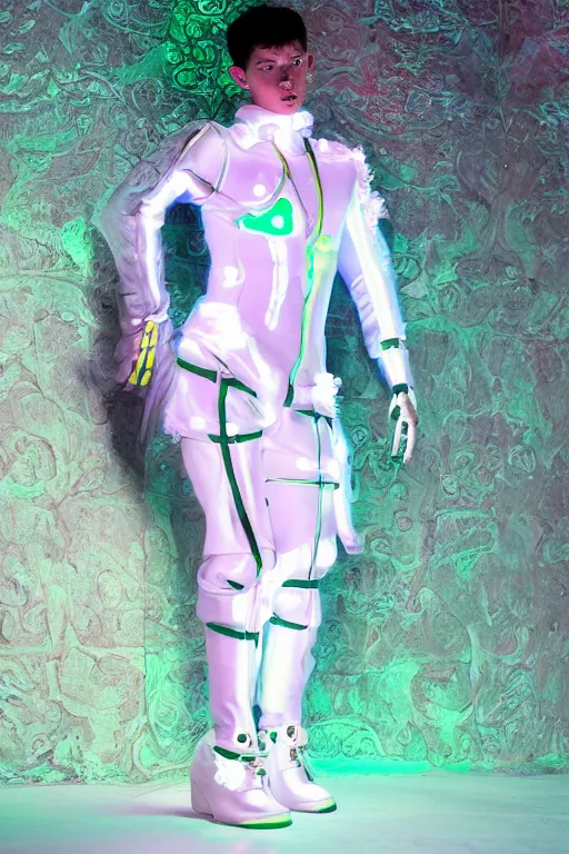 Prompt: full-body baroque and bladerunner style peach neon and ceramic statue of a muscular attractive pale Nick Jonas ninja macho dotado android thrusting sim roupa con piroca dura, glowing white face, street hoody of green steampunk lasers, emeralds, swirling white silk fabric. futuristic elements. prismatic liquid rainbow light, full-length view. space robots. human skulls. throne made of bones, intricate artwork by caravaggio. Trending on artstation, octane render, cinematic lighting from the right, hyper realism, octane render, 8k, depth of field, 3D