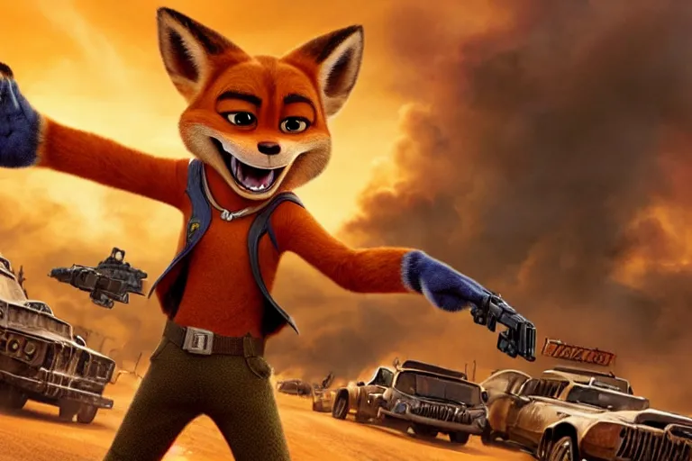 Image similar to nick wilde ( from zootopia ), heavily armed and armored facing down armageddon in a dark and gritty reboot from the makers of mad max : fury road