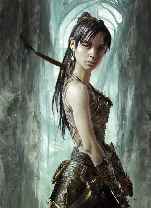 Prompt: photorealistic portrait of a beautiful young female warrior, clothed in ethereal armor, olive skin, long dark hair, beautiful bone structure, symmetrical facial features, intricate, elegant, digital painting, concept art, smooth, sharp focus, finely detailed, illustration, from Valerian and the City of a Thousand Planets, by Ruan Jia and Mandy Jurgens and Artgerm and William-Adolphe Bouguerea