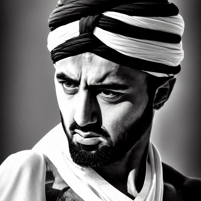 Prompt: cinematic bust portrait, sheikh, sultan, emir, head and chest only, dramatic pose, contemporary, masterpiece, cinematic composition, dramatic pose, beautiful lighting, sharp, details, hyper - detailed, hd, 4 k
