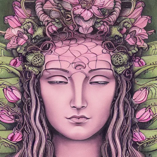 Image similar to detailed, portrait of medusa, beautiful, pretty girl, surrounded by lotus flowers and geometry