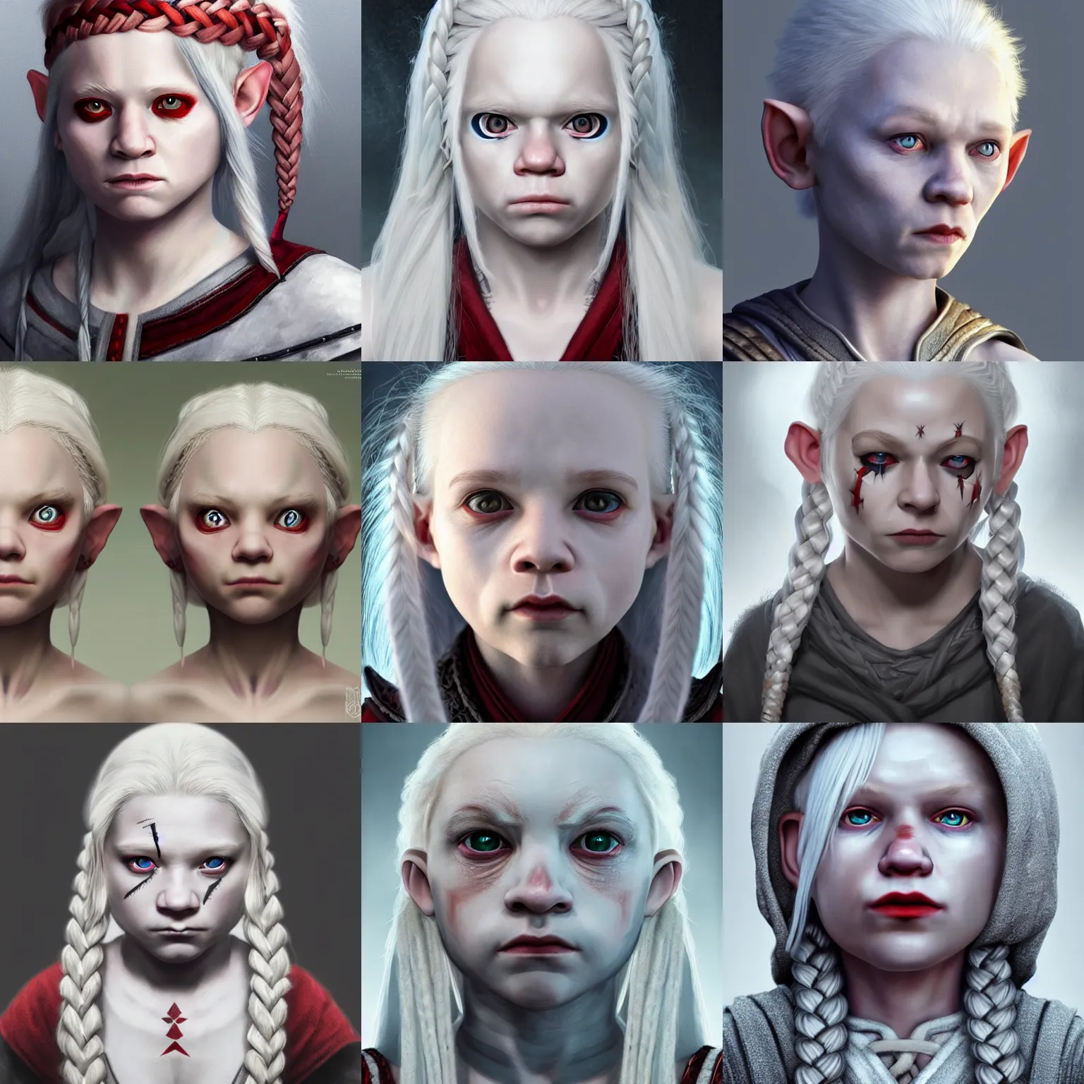 Prompt: realistic portrait of a young albino female halfling with white - hair - braided!!!!!!!! and a grey cloak and geometric - facial - tattoos!!!!!!!!!! and red - eyes, haunted sad expression, artstation, cinematic lighting, hyper - detailed 8 k