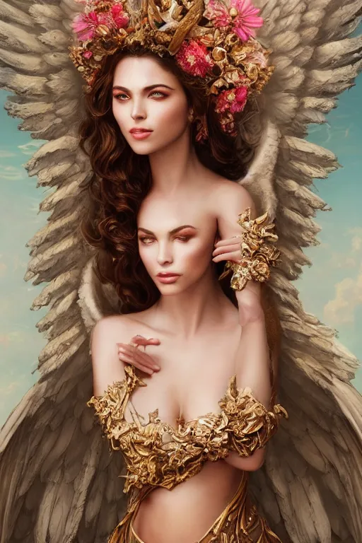 Image similar to expressive full body photo of sophia lauren as beautiful angel, smooth glowing skin, ornate headpiece made from flowers, glamour shot, by karol bak, by greg rutkowski, by artgerm, octane render, unreal engine, photorealistic, canon r 3, fashion photography