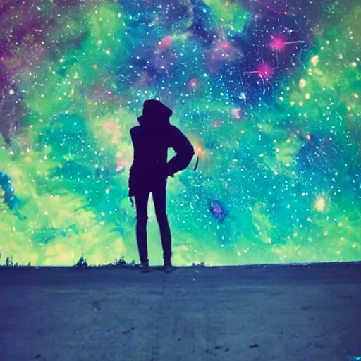 Image similar to celty sturluson in front of colorful galaxy