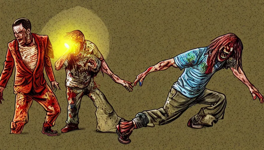 Prompt: a man clothed in carpeting fighting a zombie, digital art, highly detailed, realistic, bright colors, 8 k