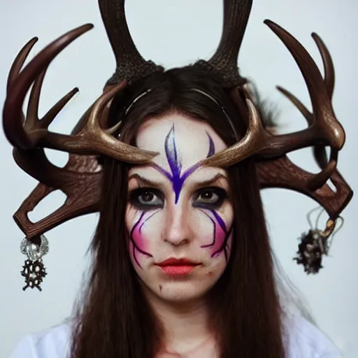 Image similar to tiefling druid with deer antlers growing out of their head and large tribal jewelry and face paint