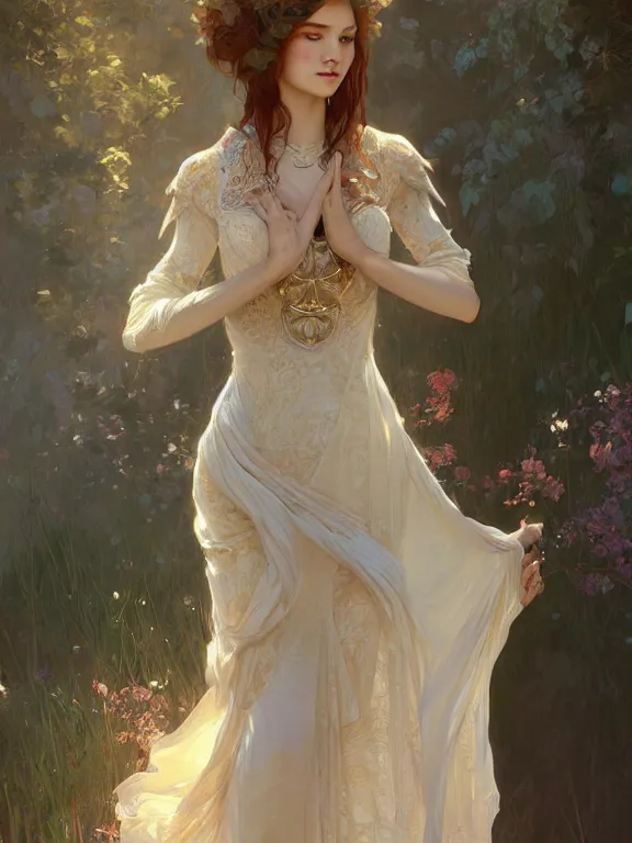 Image similar to Full body elysian Maiden of radiant light wearing ivory lace dress 4k digital illustration by Ruan Jia by Mandy Jurgens, award winning art, Artstation, art nouveau aesthetic, Alphonse Mucha background, intricate details, realistic, full view, Artstation, CGsociety