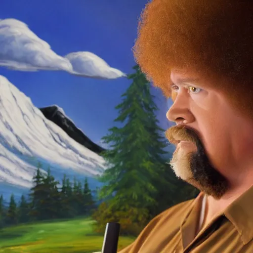 Prompt: a closeup photorealistic photograph of bob ross adding the finishing touches on a canvas painting of kenny powers. mountains and trees. film still. brightly lit scene. this 4 k hd image is trending on artstation, featured on behance, well - rendered, extra crisp, features intricate detail, epic composition and the style of unreal engine.