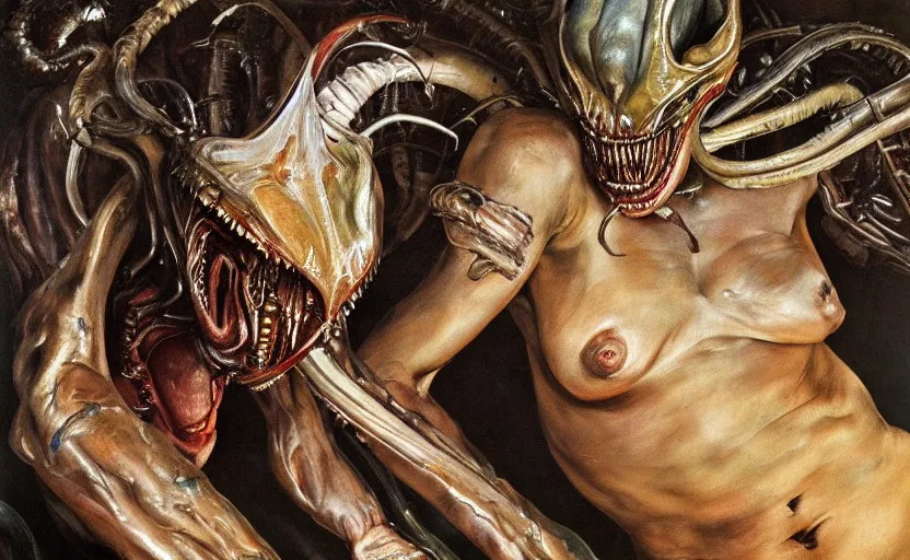 Image similar to high quality high detail painting by lucian freud and frank frazetta and jenny saville, hd, xenomorph predator, muted colors, cinematic