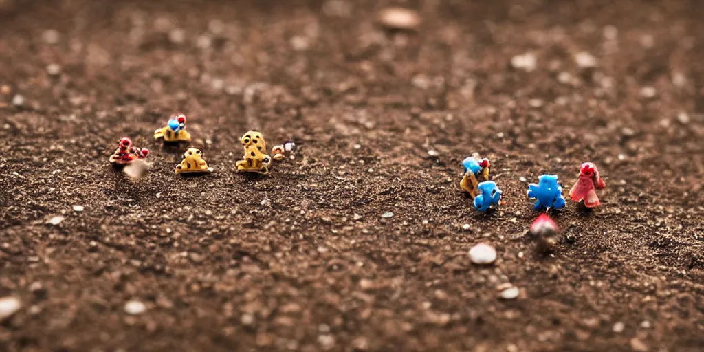 Prompt: macro photography of amazing tiny adorable nanobots in a kung fun battle in a macro ghost town