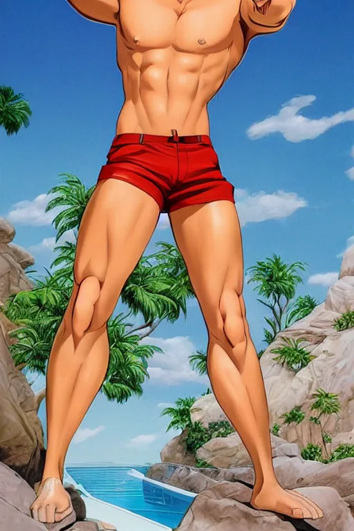 Image similar to a handsome man with blonde hair who is also a male android, ken, donald trump, muscular, wearing a cut-off white tank top and short light orange shorts, stands by a swimming pool, facing forward, in the style of artgerm and moebius and annie liebovitz, photorealistic, highly detailed