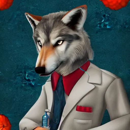 Prompt: wolf mascotte dressed as a scientist by anna nikonova